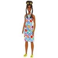 Barbie Fashionistas Doll #210 with Brown Hair in Bun, Wearing Colorful Crochet Halter Dress, Sunglasses and Sandals, HJT07