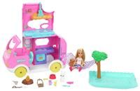 Barbie Camper, Chelsea 2-in-1 Playset with Small Doll, 2 Pets & 15 Accessories, Vehicle Transforms into Camp Site, HNH90
