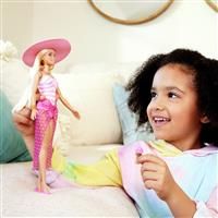 Barbie Doll with Pink and White Swimsuit, Sun Hat, Tote Bag and Beach-Themed Accessories, HPL73