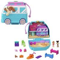 Polly Pocket Dolls and Playset, Travel Toy with Fidget Exterior, Seaside Puppy Ride Compact with 11 Accessories, HRD36