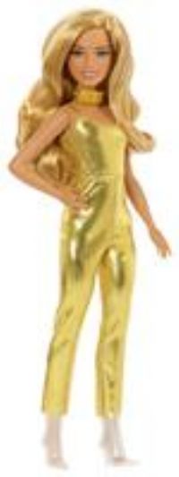 Barbie Fashionistas Doll #222, Petite Body Type with Blonde Wavy Hair, Golden Jumpsuit & Accessories, 65th Anniversary Collectible Fashion Doll, HRH19