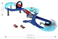 Mattel Disney and Pixar Cars Playset with 2 Toy Cars, Lightning McQueen & Francesco Bernoulli, GRC Jumping Raceway Track Set with Kid-Powered Booster, HXJ32