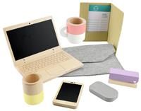 Fisher-Price Preschool Toy Wooden Work From Home 9-Piece Office Set with Wood Laptop & Phone for Pretend Play Kids Ages 3+ Years, HXV11