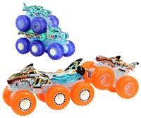 Hot Wheels Monster Trucks Toy Truck & Big Rig Multipack, 1:64 Scale Mega-Wrex & Tiger Shark with Big Rigs in Matching Power Smashers Deco, HYJ29