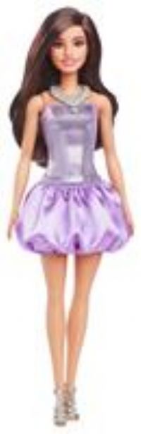 Barbie Fashionistas Doll #234 with Brown Hair, Wearing Sequined Purple Bubble Dress with Satiny Skirt, Silvery Necklace and Heels, HYT92