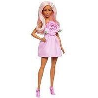 Barbie Fashionistas Doll #238 with Pastel Pink Hair Wearing Strapless Dress with Rose Bodice, Pearly Barrette Accessory and Strappy Pink Heels, HYT94