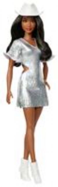 Barbie Fashionistas Doll #239 with Black Hair Wearing Sparkly Silver Fringe Dress with Western Accessories like White Cowboy Hat and Boots, HYT95