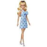 Barbie Fashionistas Doll #237 with Wavy Blonde Ponytail Wearing Blue Bow Halter Dress, Black Hair Bow Accessory and Matching Blue Heels, HYT93