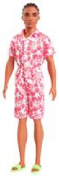 Barbie Fashionistas Ken Doll #235 with Braided Brown Hair, Wearing Coral Jumpsuit with Hawaiian Print and Green Sandals, HYT99