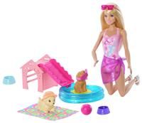 Barbie Puppy Pool Party Toy Playset with Fashion Doll, Doghouse & Slide, Heart-Shaped Pool, 2 Pet Dog Figures, 6 Accessories & Color Change, JBF35