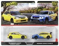 Hot Wheels Premium Honda Civic, Car Culture 2-Pack of 1:64 Scale Vehicles, Unique Pairings, Real Riders Tires, Metal/Metal Chassis, Toy for Collectors, JBL00