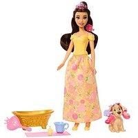 Mattel Disney Princess Belle Fashion Doll & Dog Figure with Color Change Spots, Bathtub, Brush & Hair Accessories, Inspired by Beauty & the Beast, JFC42
