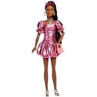 Barbie Deluxe Style Doll #6 in Metallic Coral Pink Dress with Bubble Hem, Black Hair in Ponytail, Accessories like Sunglasses, Jewelry and Handbag, JFP41