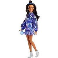 Barbie Deluxe Style Doll #7 in Metallic Blue Top and Skirt, Wavy Brown Hair, Accessories like Silvery Jewelry, Crystal Handbag and Sunglasses, JFP42