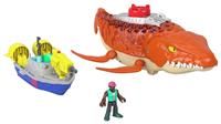 £Fisher-Price Imaginext Jurassic World Rebirth Aquachomp Chase Mosasaurus 18-inch Dinosaur Toy with 3-inch Action Figure, Launcher Boat & 2 Projectiles, JFR23