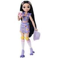 Barbie Dream Besties Doll and Accessories, Renee Posable Roller Skating Fashion Doll with Black Hair, 12 Video & Food Themed Pieces, JFX99