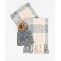 Barbour Womens Saltburn Beanie & Tartan Scarf Set Grey Rose