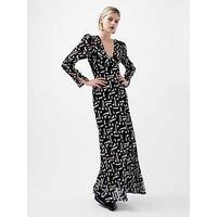 French Connection Long Sleeve Patterned Satin Maxi Dress - Black