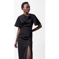 French Connection Asymmetric Satin Dress With Flared Sleeves - Black