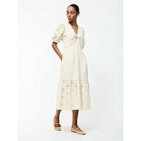 French Connection Cotton Puff Sleeve V-Neck Embroidered Midi Dress - Yellow