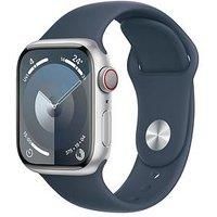 Apple Watch Series 9 [GPS + Cellular 41mm] Smartwatch with Silver Aluminum Case with Storm Blue Sport Band S/M. Fitness Tracker, Blood Oxygen & ECG Apps, Always-On Retina Display, Water Resistant