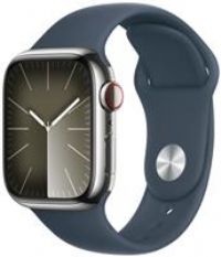 Apple Watch Series 9 [GPS + Cellular 41mm] Smartwatch with Silver Stainless steel Case with Storm Blue Sport Band S/M. Fitness Tracker, Blood Oxygen & ECG Apps, Always-On Retina Display