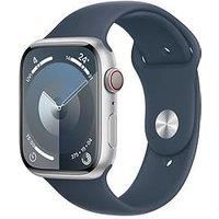 Apple Watch Series 9 [GPS + Cellular 45mm] Smartwatch with Silver Aluminum Case with Storm Blue Sport Band S/M. Fitness Tracker, Blood Oxygen & ECG Apps, Always-On Retina Display, Water Resistant