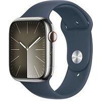 Apple Watch Series 9 [GPS + Cellular 45mm] Smartwatch with Silver Stainless steel Case with Storm Blue Sport Band S/M. Fitness Tracker, Blood Oxygen & ECG Apps, Always-On Retina Display