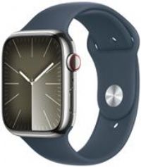 APPLE Watch Series 9 Cellular - 45 mm Silver Stainless Steel Case with Storm Blue Sport Band, M/L, Stainless Steel