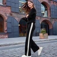 Lands' End Women's Petite Sweater Knit Side Stripe Wide Leg Trousers in Black | Size: 20