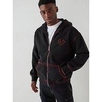True Religion Men/'s Fleece Super T Full Zip Hoodie - Jet Black | Buddha Embroidery & Contrast Stitching, Jet Black, L