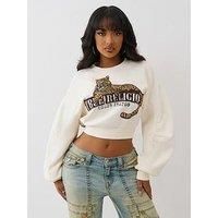 True Religion Crystal Leopard Ruched Sleeve Cropped Sweatshirt - White