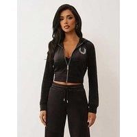 True Religion Branded Crystal Velour Zip Hoodie - Black