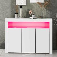 Ivy Bronx High Gloss White Sideboard Display Cabinet With LED Lights, 3-Door Wood Buffet Cupboard Storage Unit With Remote Control White 95cm H X 130cm W X 35cm D