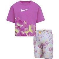 Nike Kids Girls Floral S/S T-Shirt And Bike Short Set - Pink