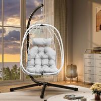 Bloomsbury Market Perkin Rattan Swing Egg Chair with Cushion & Stand White 195cm H X 108cm W X 120cm L