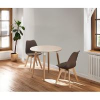 Isabelline Franconia 2 Person Dining set - a Round Plastic Dining Table with Wooden Legs and a Set of 2 Faux Leather Cushion Padded Dining Chairs for Dining Room Brown 2
