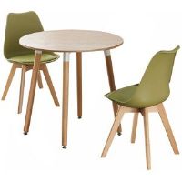 Isabelline Franconia 2 Person Dining set - a Round Plastic Dining Table with Wooden Legs and a Set of 2 Faux Leather Cushion Padded Dining Chairs for Dining Room Lime Green 2