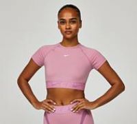Nike Pro Women's Dri-FIT Short-Sleeve Cropped Graphic Top - Pink - Polyester/Elastane