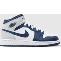 Nike Jordan White & Navy Air Jordan 1 Mid Boys Youth Trainers