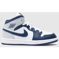 Nike Jordan White & Navy 1 Mid Boys Junior Trainers
