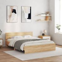 Latitude Run Bed Frame With Headboard And LED White 135X190 Cm Double Sonoma Oak EU Kingsize - 160 x 200 cm