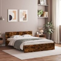 Latitude Run Bed Frame With Headboard And LED White 135X190 Cm Double Smoked Oak EU Kingsize - 160 x 200 cm