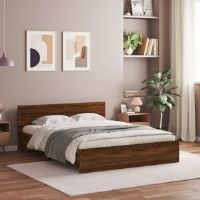 Latitude Run Bed Frame With Headboard And LED White 135X190 Cm Double Brown Oak EU Kingsize - 160 x 200 cm