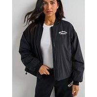New Balance Womens Linear Heritage Woven Bomber Jacket- Black
