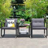 17 Stories 3 Pcs Outdoor Rocking Bistro Set PE Rattan Rocking Chair Set W/Cushion Grey 2
