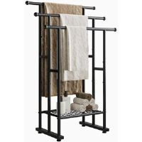 Belfry Bathroom Freestanding Towel Rack, Towel Rail Metal Ladder Towel Holder Drying Stand With 3 Towel Rails And Storage Shelf Matte Black 102.4cm H X 67cm L X 31.5cm D