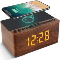 Brayden Studio Wooden Alarm Clock Bedside With FM Radio,10W Super Fast Wireless Charger Station For Iphone/Samsung Galaxy/Other Smart Phone,USB Charging Port,Mains P Brown 19.05cm H X 43.18cm W X 25.4cm D