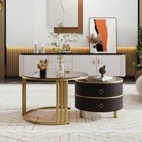 BTM Round Nesting Coffee Tables with 2 Drawers, 2-in-1 Set in Black