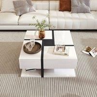 BTM Coffee Table with 4 Drawers, Unique Design & Bottom Storage in White